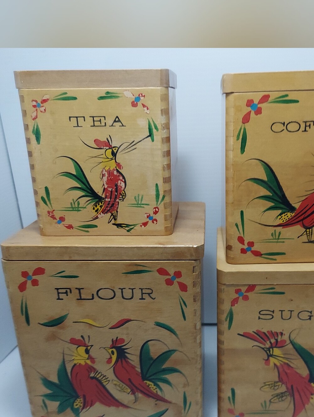 4 Pc Wooden Hand Painted Rooster Kitchen Canister Set w Lids Nesting - Japan